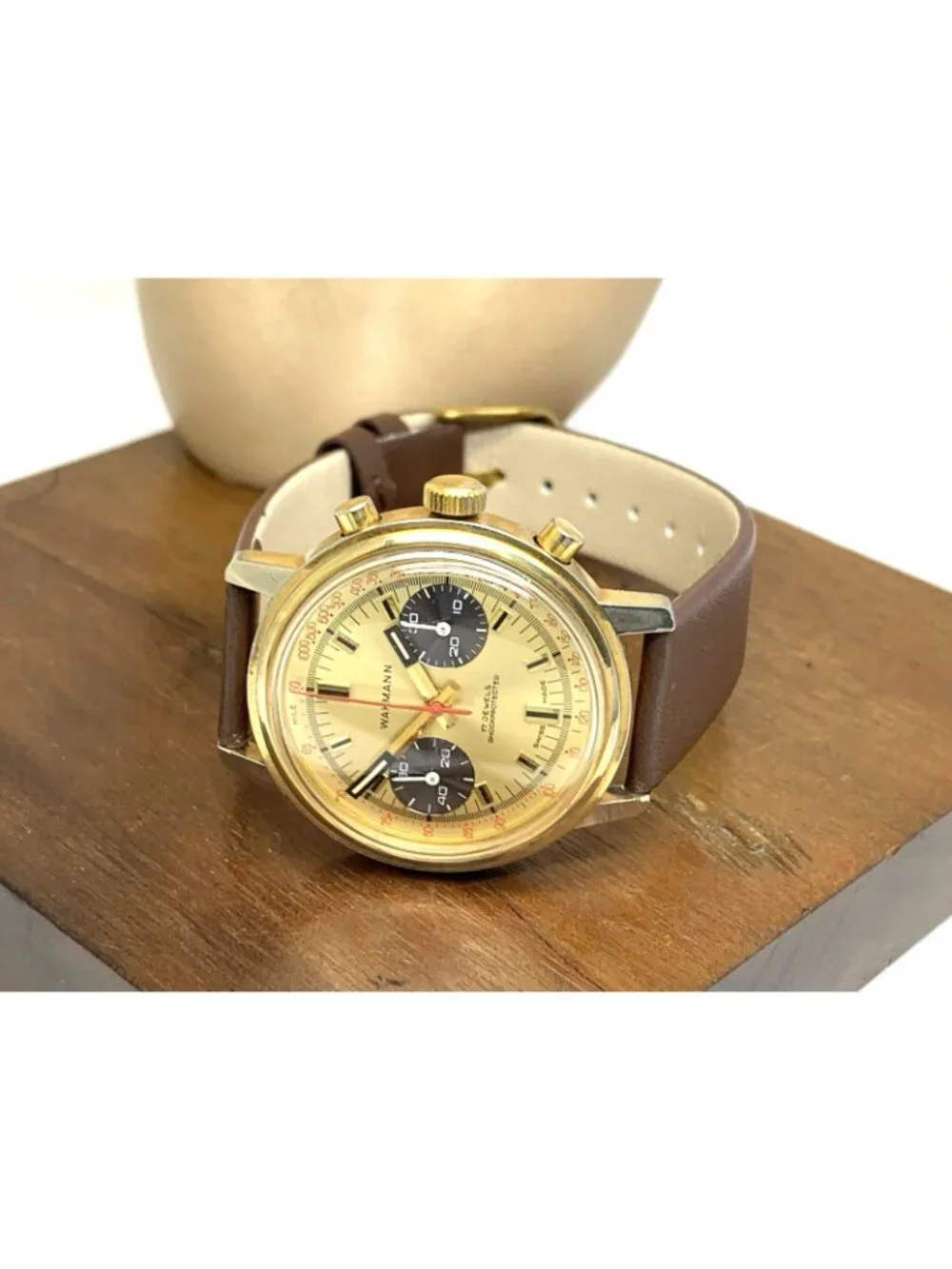 Wakmann Men's Watch Vintage Swiss Manual Wind 1376 Chronograph Gold Dial 37mm